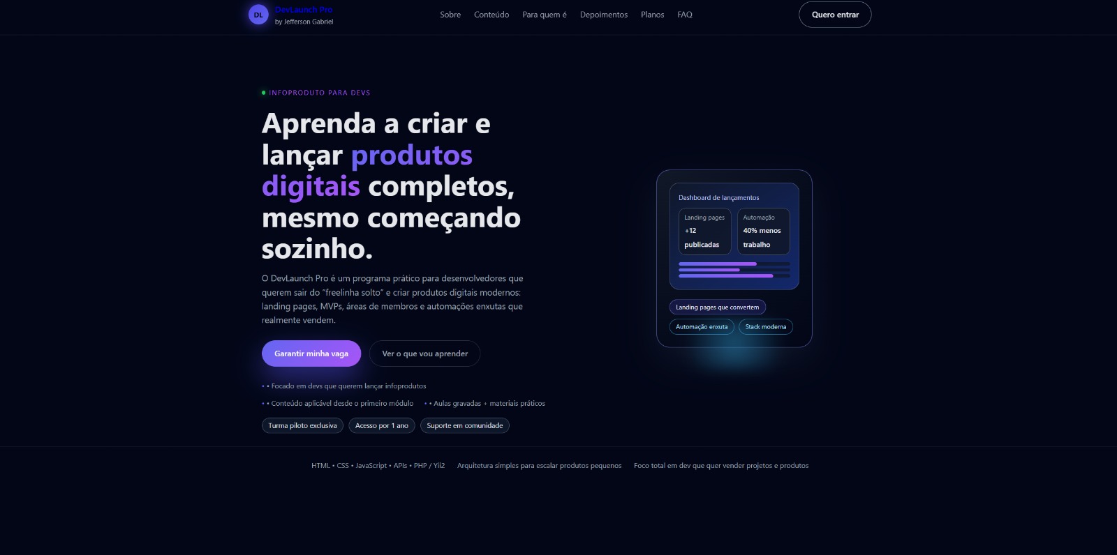 Página de infoproduto para Desenvolvedores